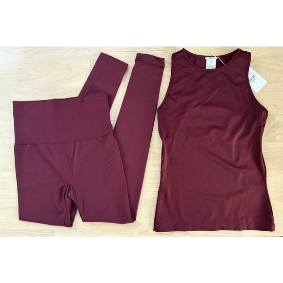 NWT Wolford Wonder Leggings & Workout Top Sleeveless Set Port Royale Burgundy XS - Picture 1 of 10